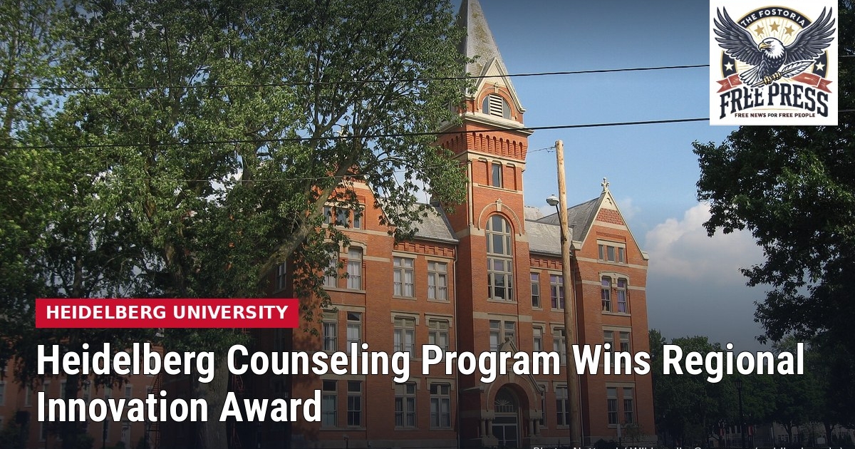 University Hall, a red brick building with a tall tower on the Heidelberg University campus in Tiffin, with headline: Heidelberg Counseling Program Wins Regional Innovation Award